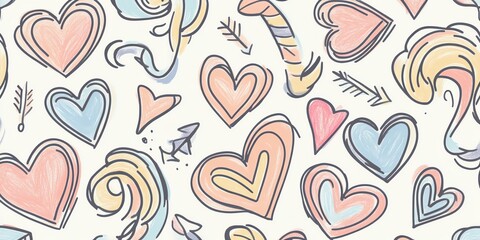 Naklejka premium Colorful Hand-Drawn Hearts and Swirls on a Light Background Create a Joyful and Playful Atmosphere