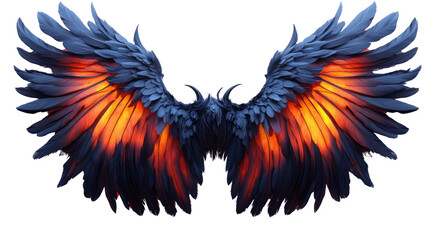 Obraz premium Wings of Fire and Shadow: A mesmerizing display of fiery orange and deep blue feathers, the wings spread majestically, symbolizing power and the elements