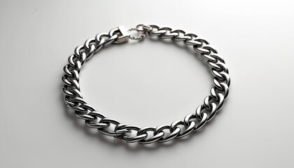 Obraz premium Silver chain bracelet on white background. Metal jewelry accessory. Fashionable unisex bracelet for wrist with classic link design. Elegant polished gift, luxury ornate present, detail premium