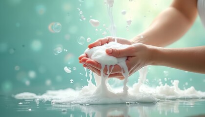 Close-up of female hands holding white soap foam. Abundance of bubbles symbolize clean water access on global handwashing day, promoting hygiene, health habits. Copy space for your text.