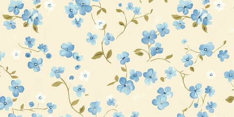 Blue Floral Pattern With Delicate Leaves on a Soft Cream Background in Decorative Design for Textiles or Wallpaper
