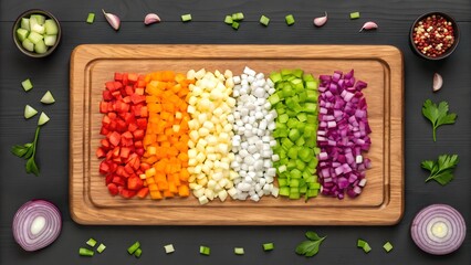 Colorful diced vegetables on a wooden cutting board, perfect for cooking healthy meals.