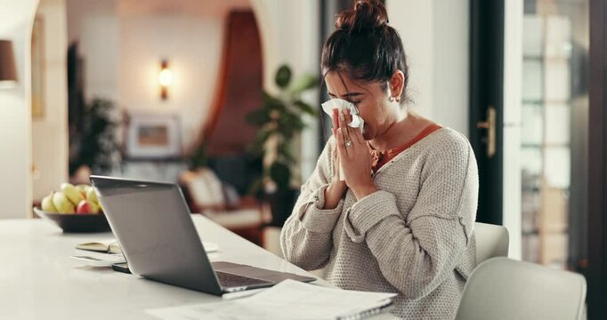 Laptop, remote work and sick woman in home with flu, cold or viral infection in kitchen. Freelance, sneeze and lady online with allergy, virus or burnout with sinusitis or hayfever with typing