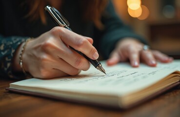 Close-up of woman writing in journal with fountain pen. Author at work, planning story, taking notes, creative writing, journaling. Screenwriter writes script, novel on desk.