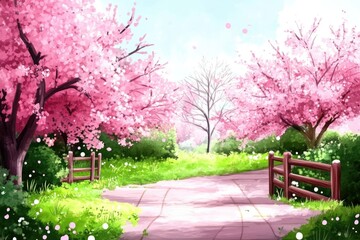 A beautiful spring day with colorful blossoms and green trees brightening a peaceful path. The charming setting invites strolls through the vibrant bloom