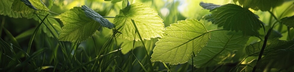 Sunlit green leaves and grass in a natural setting.