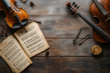 Naklejka premium Music Instruments and Sheet Music on a Wooden Surface for Artistic Flat Lay Photography