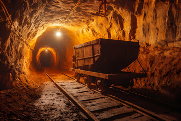 Naklejka premium Sturdy Mine Cart Rolling Through an Underground Shaft for Industrial Photography