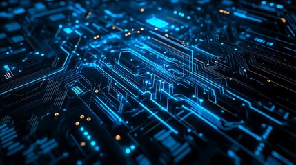 Abstract Futuristic Circuit Board Technology Digital Network Data Streams glowing blue lines