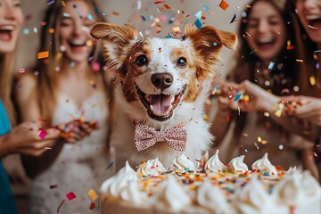 A group friends throwing confetti as a dog wearing a bowtie poses in front a cake