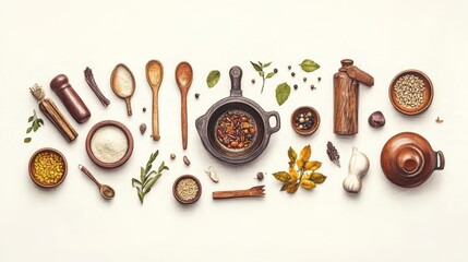 Traditional Cooking Utensils and Local Ingredients Spread