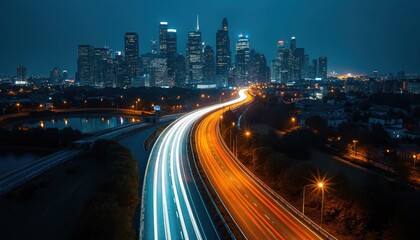 Fototapeta premium Night city skyline view with light trails, modern architecture. Urban cityscape illuminated at dusk. Transport vehicle traffic, dynamic road, glowing headlamps. Long exposure photo captures vibrant