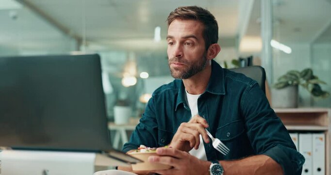 Man, eating and reading report in office with salad, laptop and working lunch with networking. Business person, email and review for project management, proposal deadline and diet snack or food