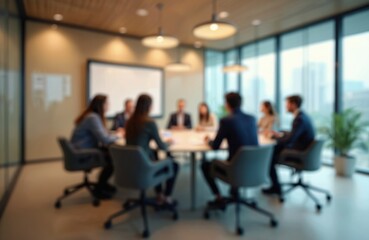 Blurred diverse business people meet in conference room. Corporate team sitting at table at seminar, discussing financial strategy, marketing plans. Blurred office interior, window view for
