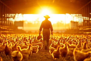 In a vast, sunlit barn, a dedicated worker inspects a flock of turkeys that roam freely, showcasing a lively and natural atmosphere. The setting sun bathes the scene in warm light