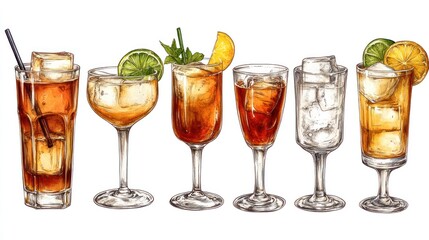 Colorful Hand-Drawn Cocktails on White Background