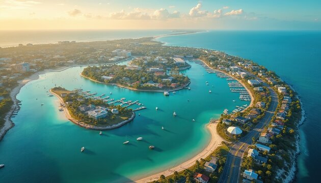 Aerial panoramic view of Ft. Walton Beach Florida coastline. Turquoise water surrounds land with condos, resorts, hotels, houses, trees, sand beaches, docks with boats. Warm sunny seaside vacation