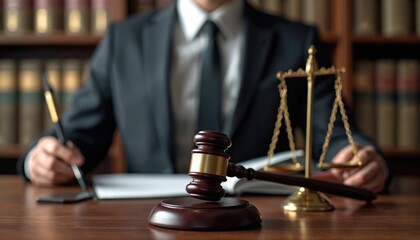Gavel, scales of justice on table. Lawyer in suit signs document. Legal services, advice, advocacy. Court, law, judiciary system, fair trial, legislation concept. Verdict, contract, prosecutor.