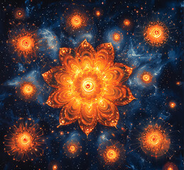 A vast cosmic expanse filled with hundreds of Om symbols radiating outward as sound waves