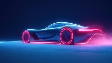 Naklejka premium Futuristic sports car illuminated by vibrant neon lights