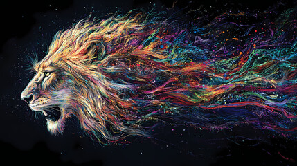 A vibrant and colorful depiction of a lion, radiating a spectrum of dazzling hues against a dark background, capturing the essence of strength and majesty in wildlife. Dazzling Spectrum. Illustration
