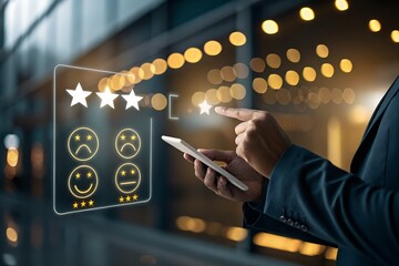 Customer experience evaluation man using mobile phone giving rating stars for online service