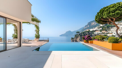 Fototapeta premium Modern Villa With Infinity Pool Overlooking the Blue Sea and Mountain Landscape on a Sunny Day