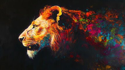 A vibrant and colorful depiction of a lion, radiating a spectrum of dazzling hues against a dark background, capturing the essence of strength and majesty in wildlife. Dazzling Spectrum. Illustration