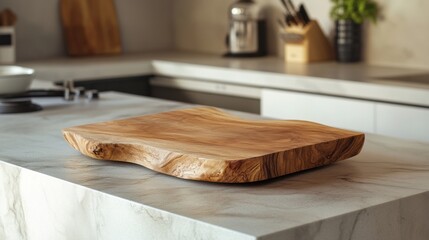 A wooden cutting board sits on a marble countertop in a modern kitchen.