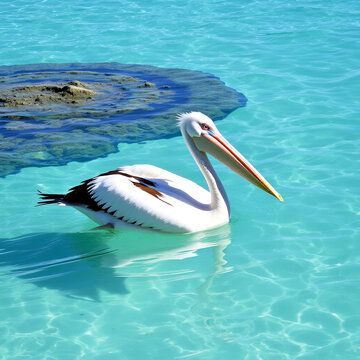 Pelicano nadando en aguas cristalinas del Caribe, pelicano mar caribe, arrecifes, marino
