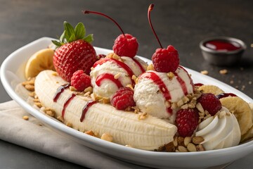 Delicious banana split dessert with fresh raspberries, strawberries, cherries and nuts on top