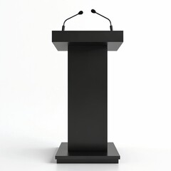 Black podium with attached microphones on white background. Lectern for public speaking, modern minimalist design. Stage for speech, presentation, conference, seminar event. Orator furniture formal
