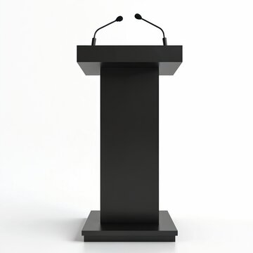 Black podium with attached microphones on white background. Lectern for public speaking, modern minimalist design. Stage for speech, presentation, conference, seminar event. Orator furniture formal