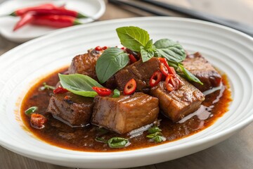 Delicious braised pork belly cubes served on a plate with fresh basil and chili pepper garnish