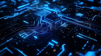 Fototapeta premium Abstract Futuristic Circuit Board Design Glowing Blue Neon Lines Digital Technology Background High Tech Innovation