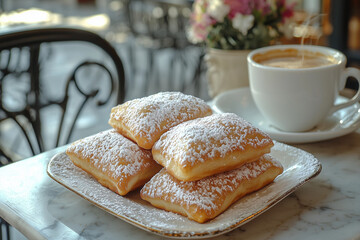 Warm pillowy American beignets dusted with powdered sugar served with coffee in a classic café setting, New Orleans French pastry concept