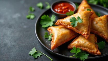Crispy fried samosas served with red spicy dip, garnished parsley and cilantro on dark surface. Savory Indian snack. Delicious street food appetizer. Overhead close-up shot.