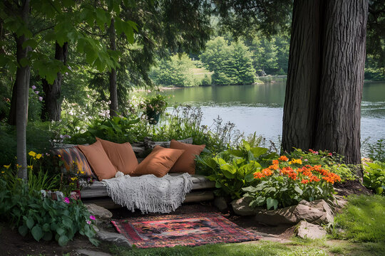 Cozy Reading Nook Nestled in a Flower Garden for Peaceful Relaxation