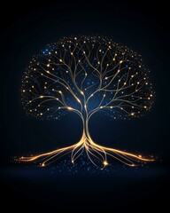 Glowing digital tree of life with golden branches and deep roots, representing knowledge, technology, and connection on a dark background.