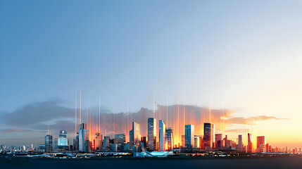 Naklejka premium Skyline City Silhouette At Sunset With Illuminated Buildings And Golden Sky Background