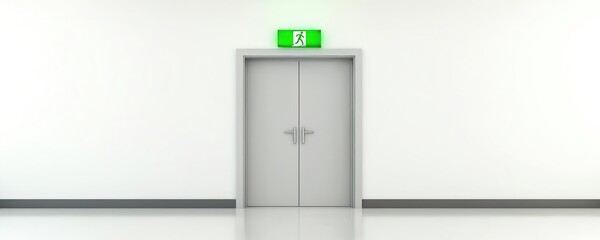 Emergency fire exit door with green sign glows above. Evacuation route in building. Safety concept for escape in event of fire. Doorway, frame are grey. Wall is white. Floor is reflecting.