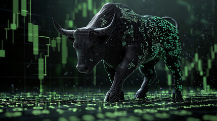 Cybernetic Bull Market Symbol Representing Strength and Economic Growth