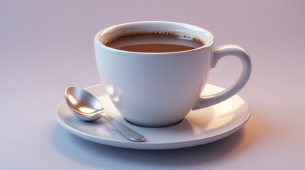Obraz premium A steaming cup of coffee with a spoon on a saucer, perfect for morning routines and cozy moment