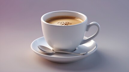A steaming cup of coffee with frothy foam, served on a saucer with a spoon, perfect for morning