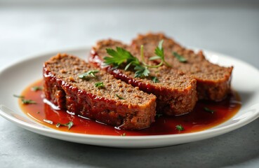 Classic meatloaf slices glazed and garnished with parsley served on white plate with brown gravy. Homemade ground beef loaf recipe. Comfort food. Meat dish.