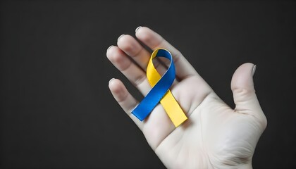 A hand presents a blue and yellow ribbon, the symbol of World Down Syndrome Day