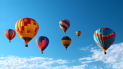 Fototapeta premium Group Of Colorful Hot Air Balloons Floating Against A Bright Blue Sky With Wispy Clouds During Daytime