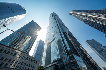 Obraz premium Reflective skyscraper business office buildings. Bottom up view of big modern city urban landscape. Generative AI.