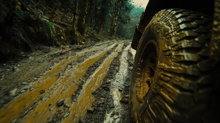 Muddy Tire Tracks on Dirt Road to Hidden Destination