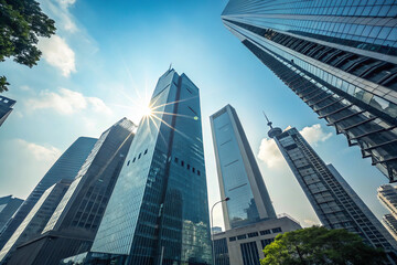 Reflective skyscraper business office buildings. Bottom up view of big modern city urban landscape. Generative AI.